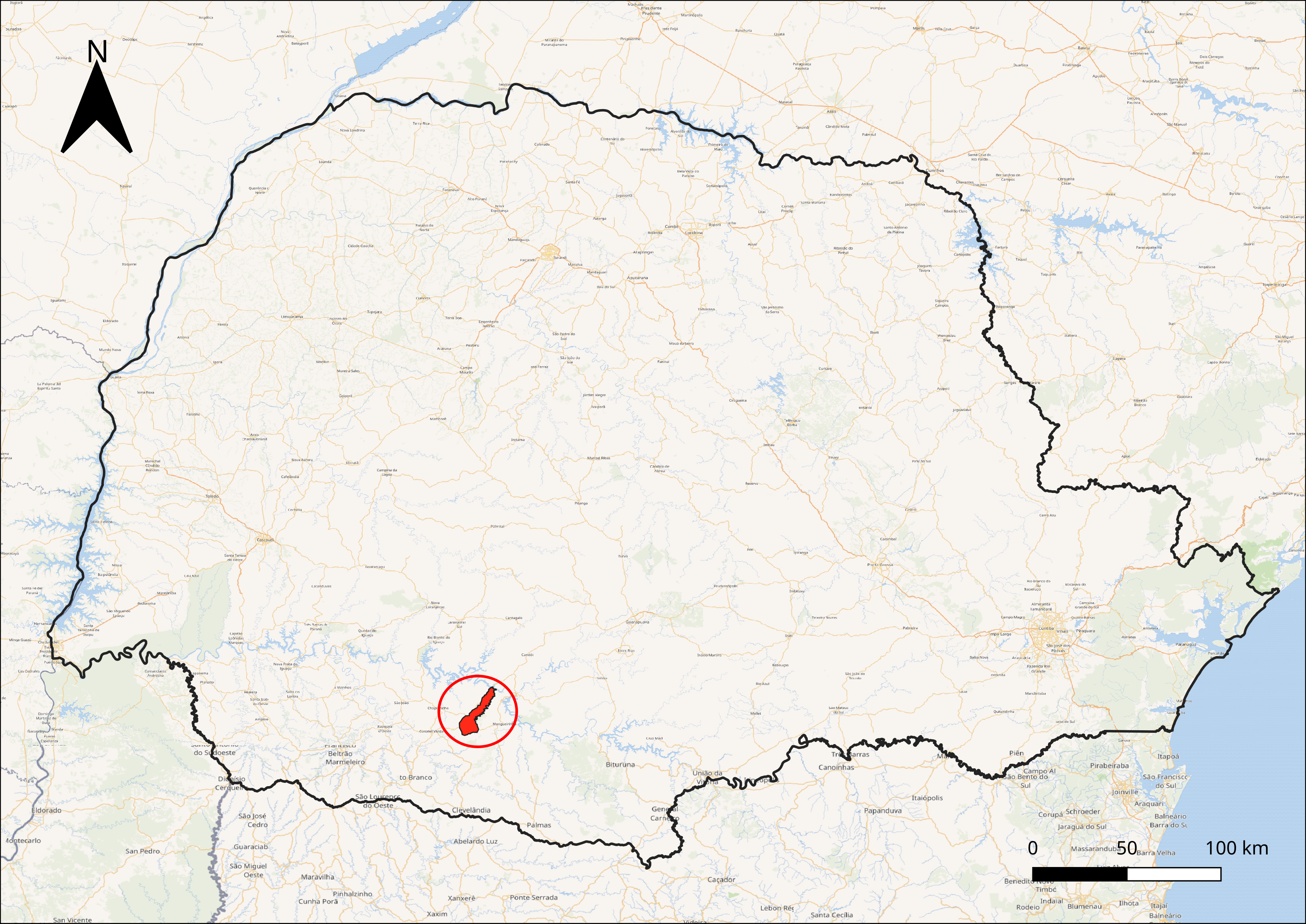 Imagem 2. Localização da TI Mangueirinha (em vermelho) no estado do Paraná